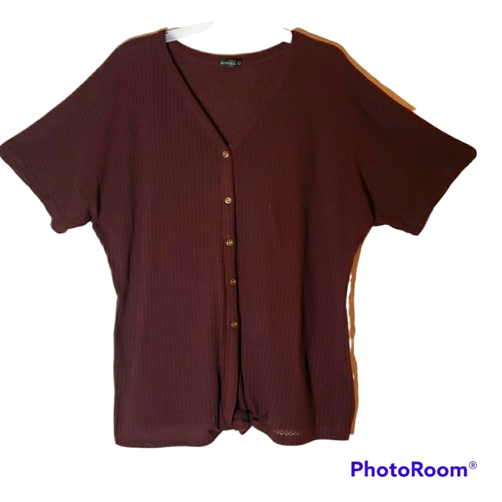 Miholl large lose knit dark burgundy button down top. 283